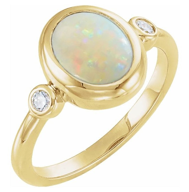 14K Yellow Gold Oval 10 X 8 Mm Polished 1/8 Ctw Natural Gem And Natural Diamond Cabochon Bezel-Set Ring