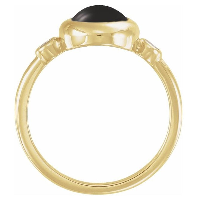 14K Yellow Gold Oval 10 X 8 Mm Polished 1/8 Ctw Natural Gem And Natural Diamond Cabochon Bezel-Set Ring