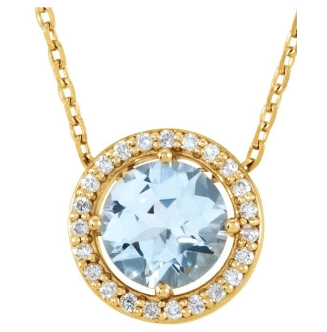 14K Yellow Gold Round 6Mm I1, G-H 16 In Polished Natural Aquamarine And .06 Ctw Natural Diamond Necklace