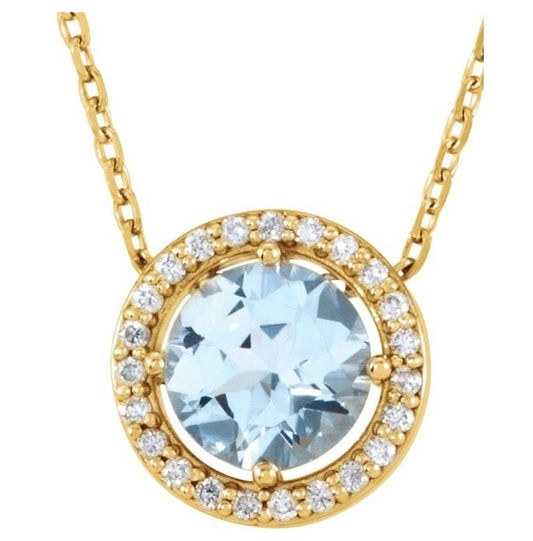 14K Yellow Gold Round 6Mm I1, G-H 16 In Polished Natural Aquamarine And .06 Ctw Natural Diamond Necklace
