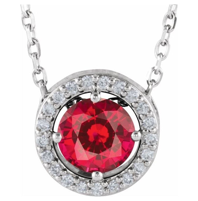 14K White Gold Round 5Mm I1, G-H 16 In Polished Lab-Grown Ruby And .05 Ctw Natural Diamond Necklace