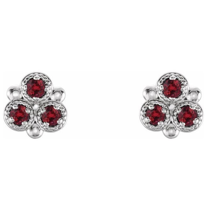 14K White Gold Natural Ruby Three-Stone Earrings