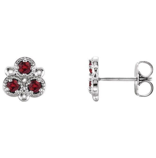 14K White Gold Natural Ruby Three-Stone Earrings