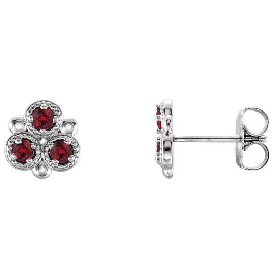 14K White Gold Natural Ruby Three-Stone Earrings