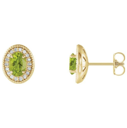 14K Yellow Gold 6x4 mm Natural Peridot & 1/5 CTW Natural Diamond Halo-Style Earrings