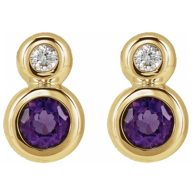 14K Yellow Gold 3 Mm Each Tension Back Natural Amethyst And .02 CT Natural Diamond Earrings