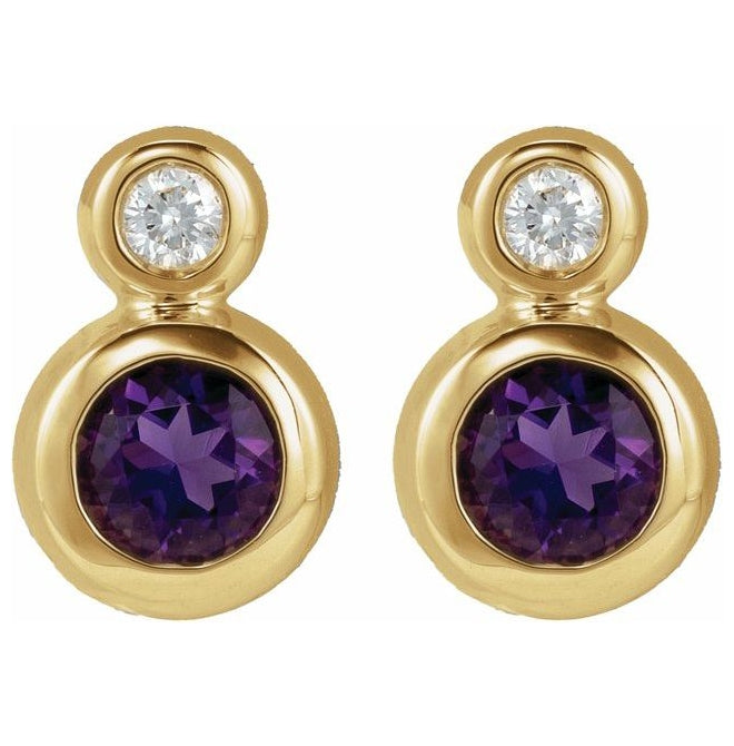 14K Yellow Gold 4 mm Each Tension Back  Natural Amethyst And .03 Ct Natural Diamond Earring