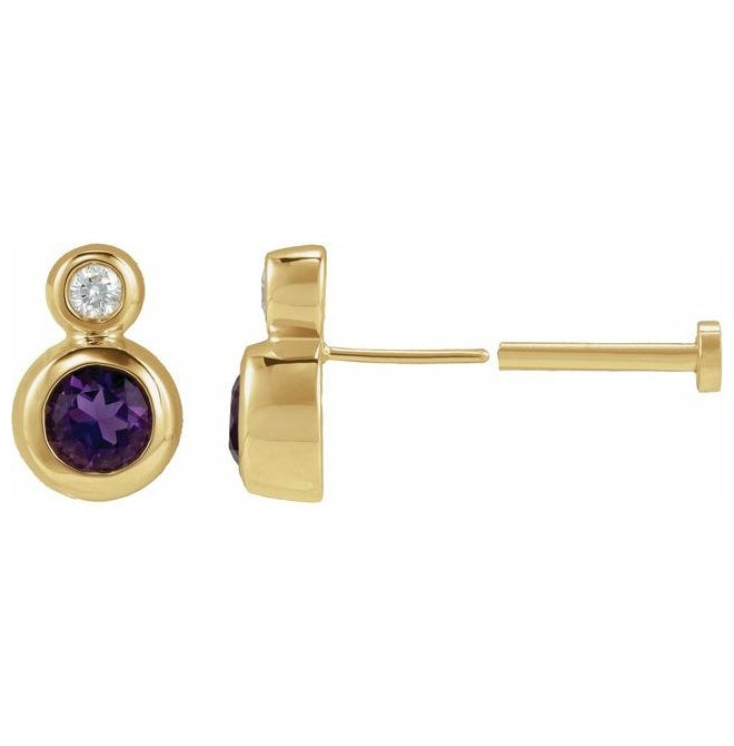 14K Yellow Gold 4 mm Each Tension Back  Natural Amethyst And .03 Ct Natural Diamond Earring