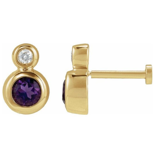 14K Yellow Gold 4 mm Each Tension Back  Natural Amethyst And .03 Ct Natural Diamond Earring