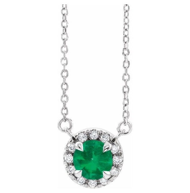 14K White Gold Round 5.5Mm I1, G-H 16 In Polished Natural Emerald And 1/10 Ctw Natural Diamond Necklace