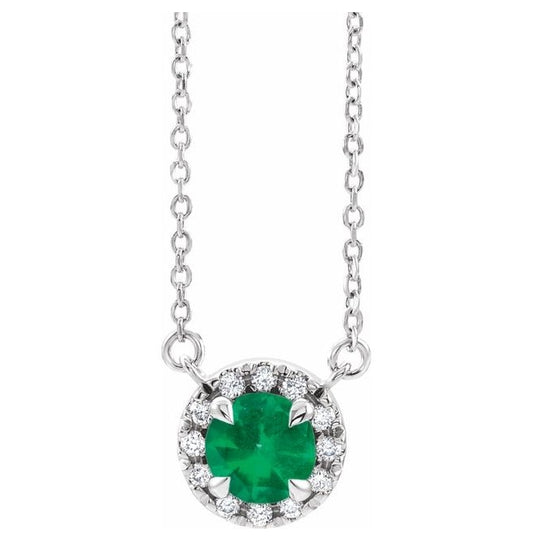 14K White Gold Round 5.5Mm I1, G-H 16 In Polished Natural Emerald And 1/10 Ctw Natural Diamond Necklace