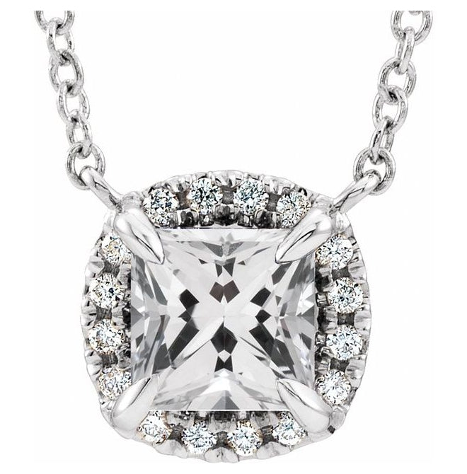 14K White Gold Square 3.5 X 3.5 Mm I1, G-H 16 In Polished Natural White Sapphire And .05 Ctw Natural Diamond Necklace