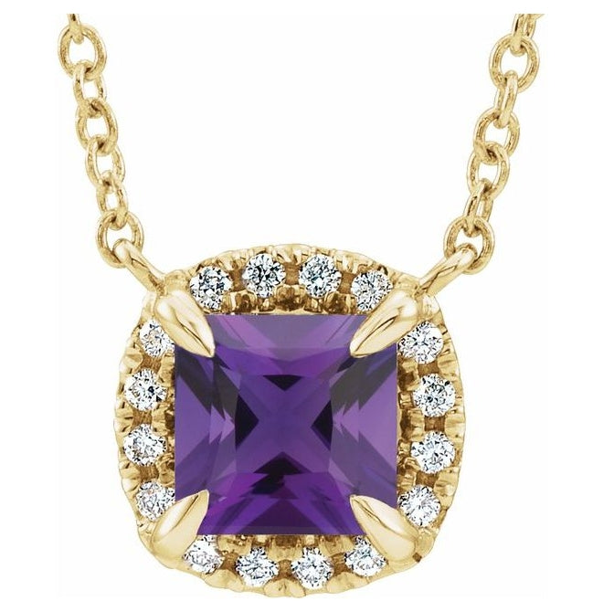 14K Yellow Gold Square 4 X 4 Mm I1, G-H 18 In Polished Natural Amethyst And .05 Ctw Natural Diamond Necklace