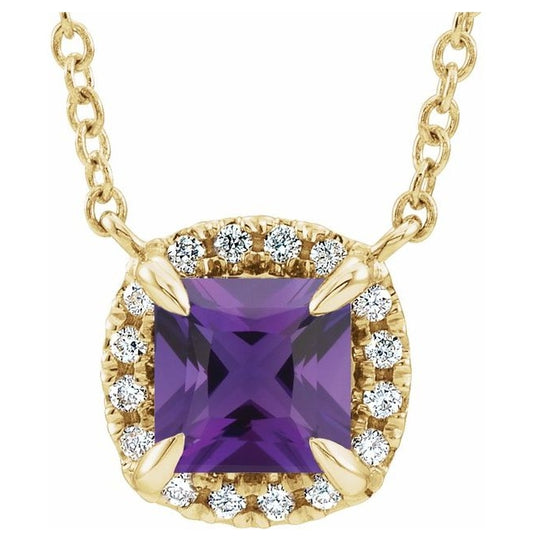 14K Yellow Gold Square 4 X 4 Mm I1, G-H 18 In Polished Natural Amethyst And .05 Ctw Natural Diamond Necklace