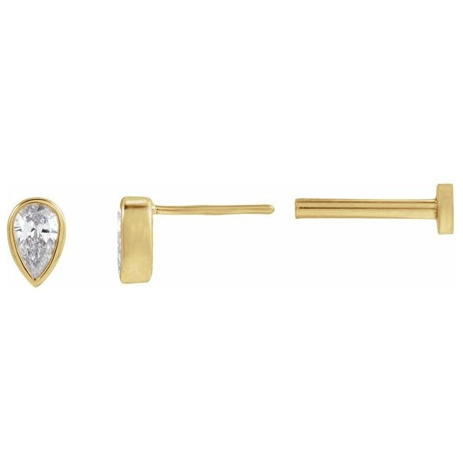 14K Yellow Gold Each Tension Back 6 Mm Polished 1/10 Ct Natural Diamond Micro Pear Bezel Earring
