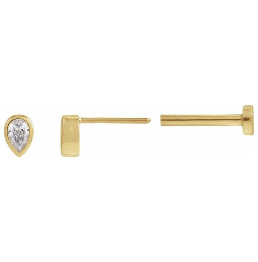 14K Yellow Gold Each Tension Back 6 Mm Polished .05 Ct Natural Diamond Micro Pear Bezel Earring