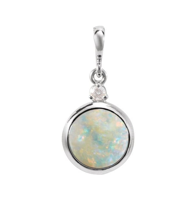 14K White Gold Round 6Mm I1, G-H Polished Natural White Opal And .03 Ctw Natural Diamond Pendant