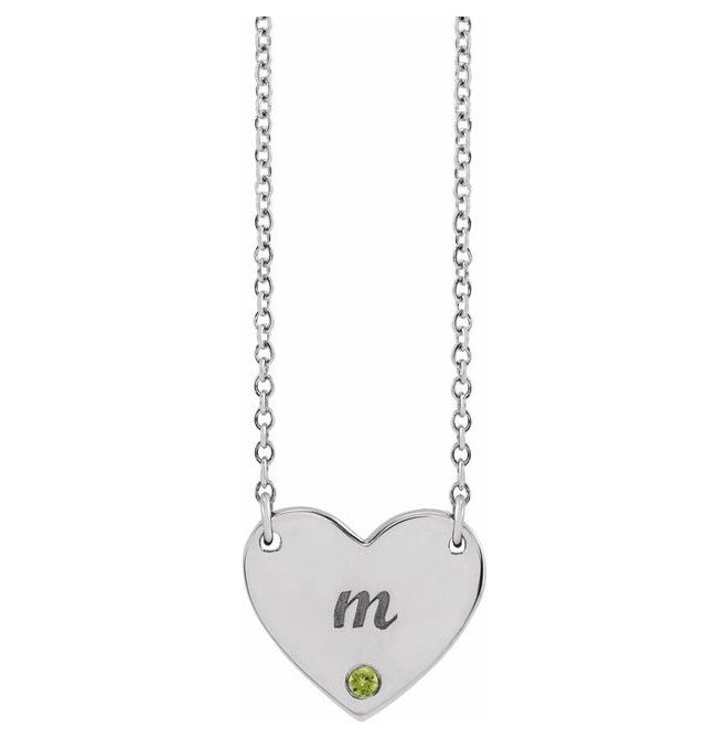 Sterling Silver Round 1.5 Mm 18 In Polished Natural Peridot Engravable Heart Necklace