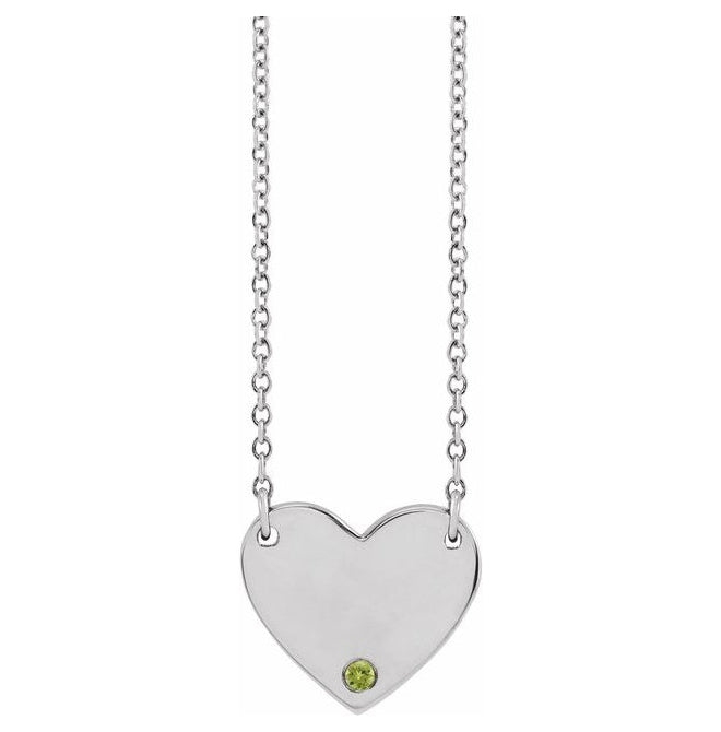 Sterling Silver Round 1.5 Mm 18 In Polished Natural Peridot Engravable Heart Necklace