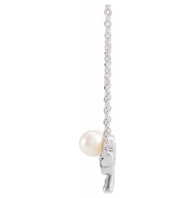 14K White Gold Pearl 4 Mm 18 In Polished Cultured White Akoya Pearl Bow Necklace