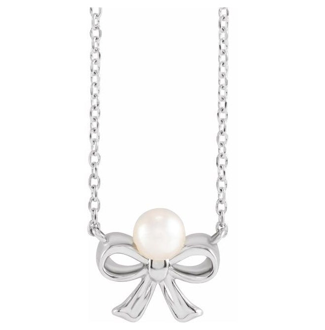 14K White Gold Pearl 4 Mm 18 In Polished Cultured White Akoya Pearl Bow Necklace
