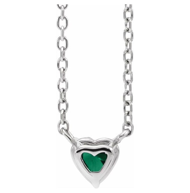 14K White Gold Heart 4 X 4 Mm 16-18 In Polished Lab-Grown Emerald Solitaire Necklace