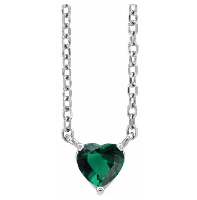14K White Gold Heart 4 X 4 Mm 16-18 In Polished Lab-Grown Emerald Solitaire Necklace