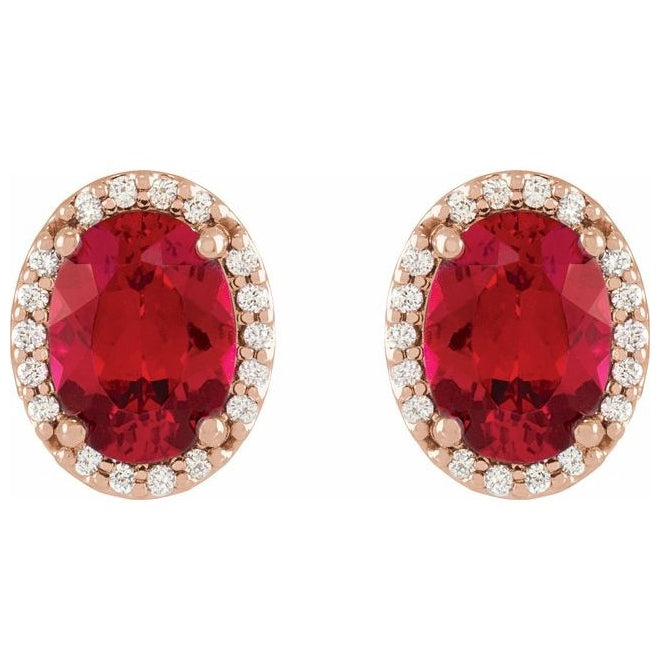 14K Rose Gold 5x3 mm Lab-Grown Ruby & .04 CTW Natural Diamond Halo-Style Earrings