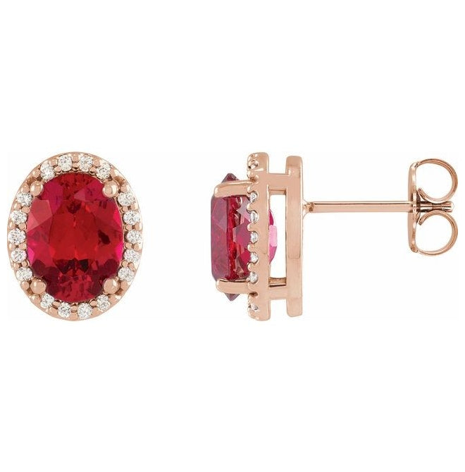 14K Rose Gold 5x3 mm Lab-Grown Ruby & .04 CTW Natural Diamond Halo-Style Earrings