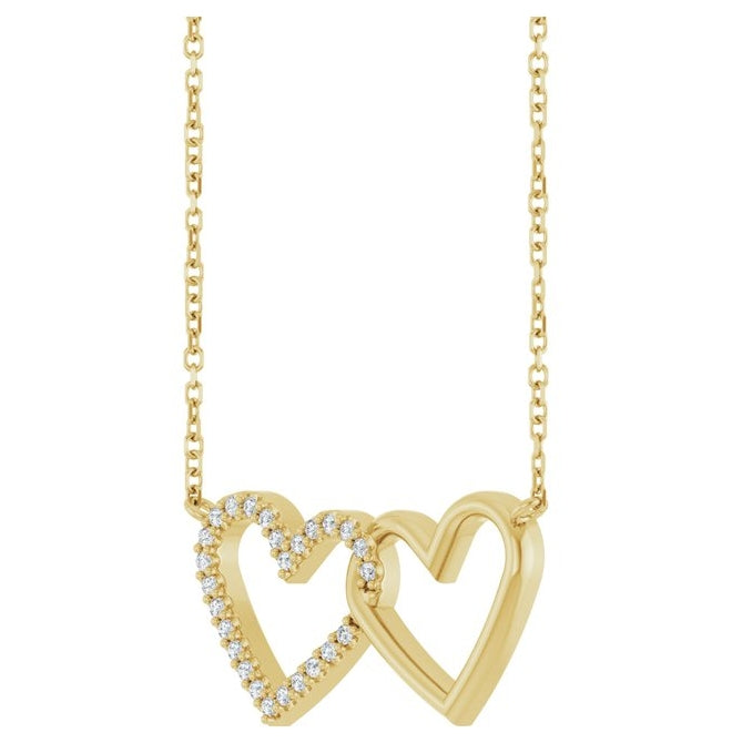 14K Yellow Gold Round 1Mm I1, G-H 16-18 In Polished 1/8 Ctw Natural Diamond Petite Double Interlocking Heart Necklace