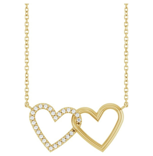 14K Yellow Gold Round 1Mm I1, G-H 16-18 In Polished 1/8 Ctw Natural Diamond Petite Double Interlocking Heart Necklace