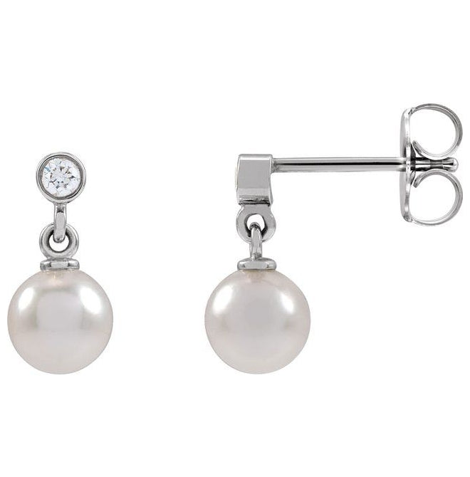 Platinum 5.0-5.5 Mm Pair Friction Backs Polished Cultured Akoya Pearl And .06 Ctw Natural Diamond Earrings