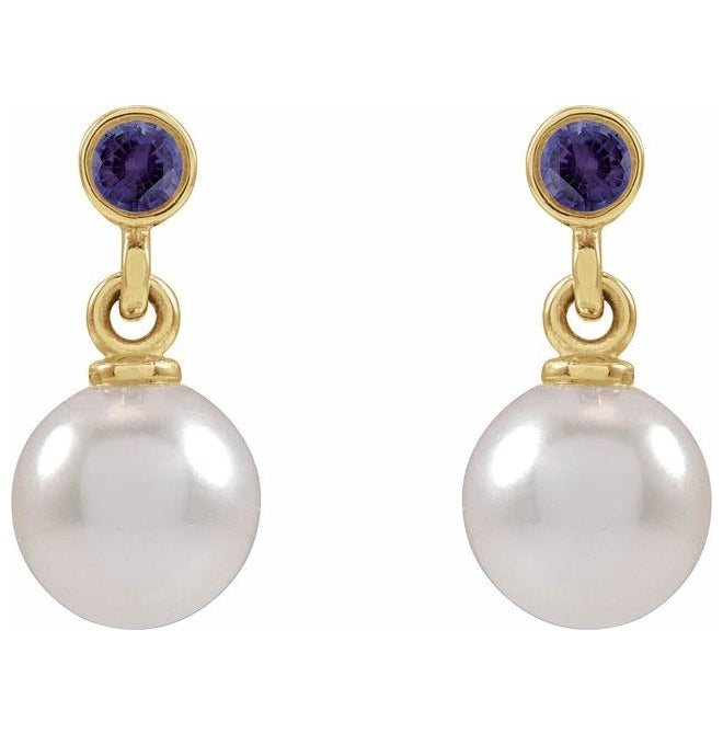 14K Yellow Gold 7 Mm Pearl Pair Friction Backs Polished Cultured White Akoya And Lab-Grown Purple Sapphire Drop Earrings