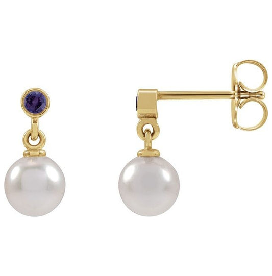 14K Yellow Gold 7 Mm Pearl Pair Friction Backs Polished Cultured White Akoya And Lab-Grown Purple Sapphire Drop Earrings