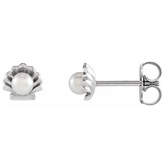 Sterling Silver Cultured White Seed Pearl Shell Earrings