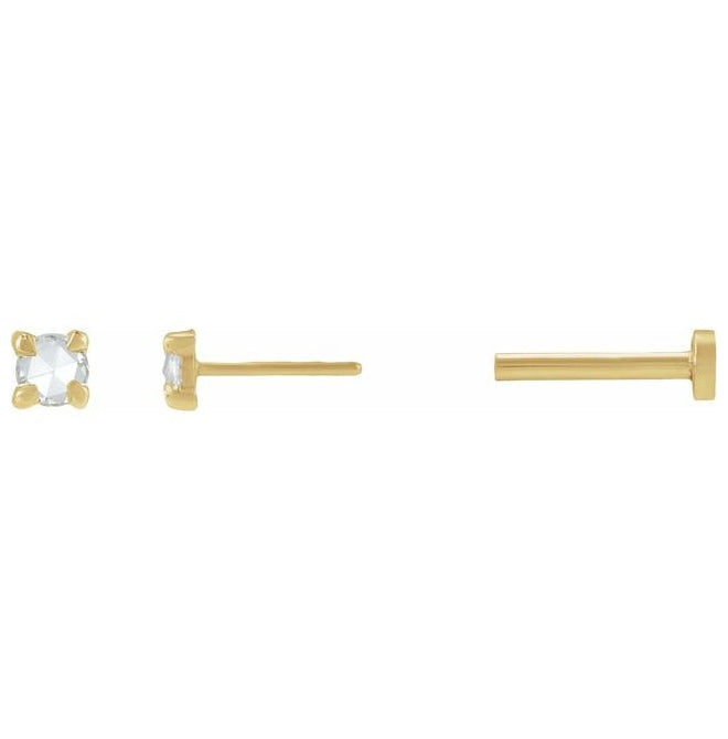 14K Yellow Gold 2.5 Mm Round Each Tension Back 6 Mm Polished .04 Ct Natural Rosecut Diamond 4-Claw Prong Earring With Press Fit Back