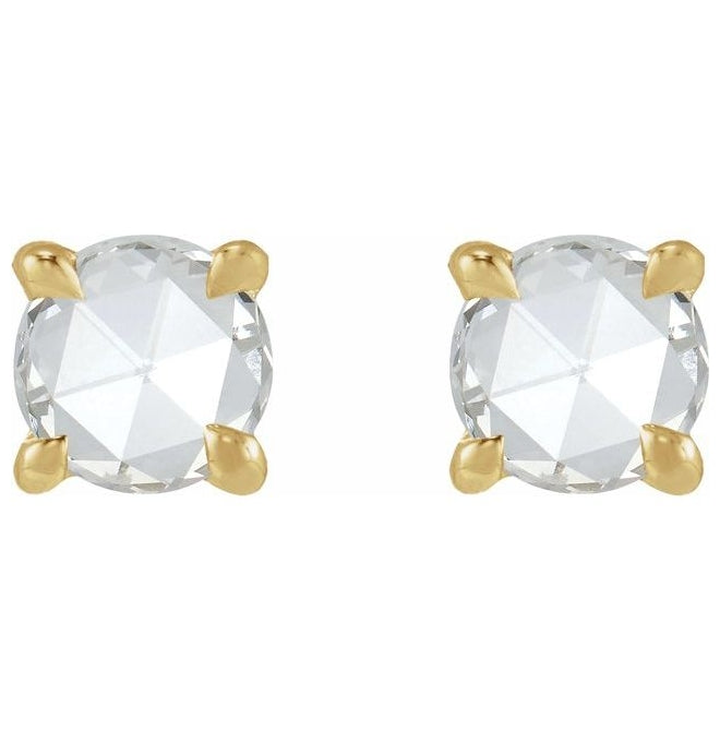 14K Yellow Gold 3.5 Mm Round Each Tension Back 6 Mm Polished 1/6 Ct Natural Rosecut Diamond 4-Claw Prong Earring With Press Fit Back