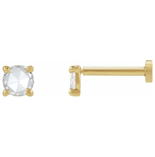 14K Yellow Gold 3.5 Mm Round Each Tension Back 6 Mm Polished 1/6 Ct Natural Rosecut Diamond 4-Claw Prong Earring With Press Fit Back