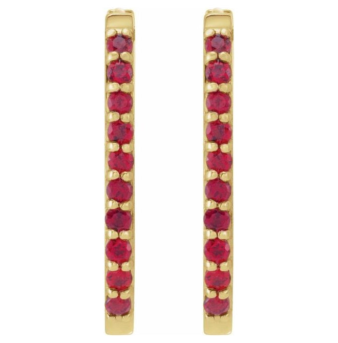 14K Yellow Gold 1.6 Mm Round 1.5 Mm Pair Hinged Polished Lab-Grown Ruby Hoop Earrings