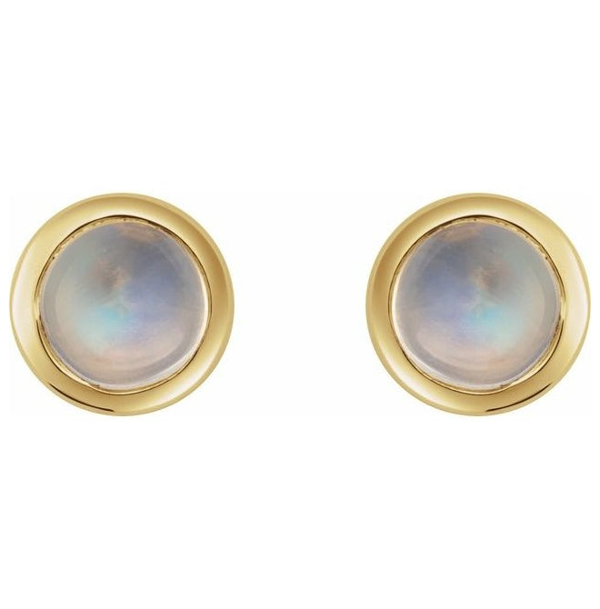 14K Yellow Gold Cabochon Natural Rainbow Moonstone Stud Earring