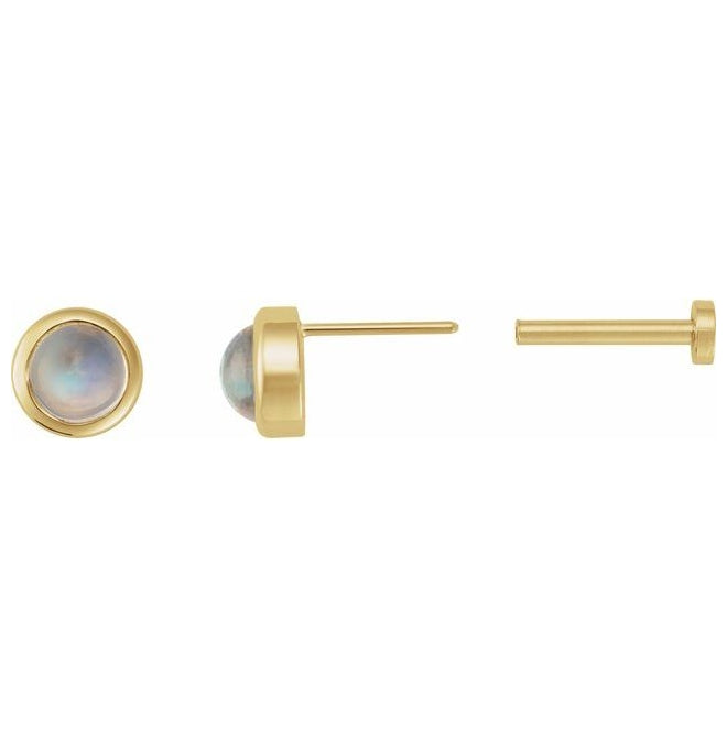 14K Yellow Gold Cabochon Natural Rainbow Moonstone Stud Earring