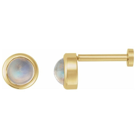 14K Yellow Gold Cabochon Natural Rainbow Moonstone Stud Earring