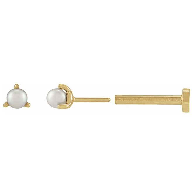 14K Yellow Gold Each Tension Back Polished Cultured White Seed Pearl 3-Prong Earring