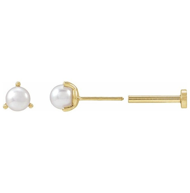 14K Yellow Gold Each Tension Back Polished Cultured White Seed Pearl 3-Prong Earring