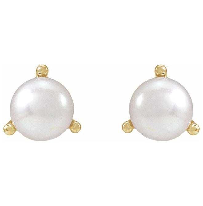 14K Yellow Gold Each Tension Back Polished Cultured White Seed Pearl 3-Prong Earring