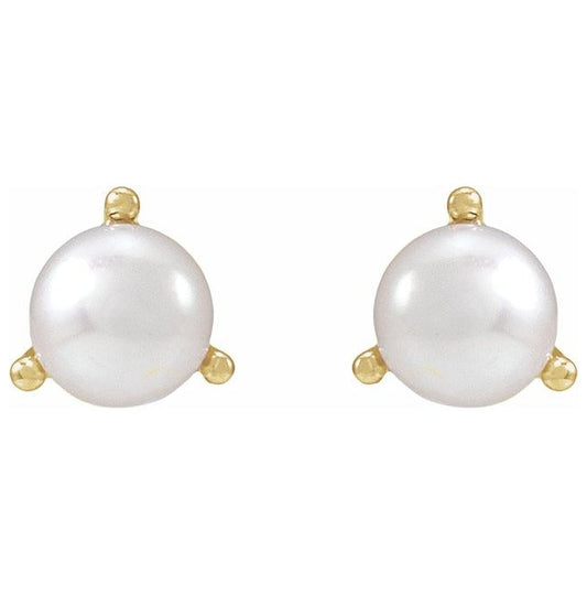 14K Yellow Gold Each Tension Back Polished Cultured White Seed Pearl 3-Prong Earring