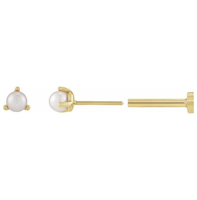 14K Yellow Gold Each Tension Back Polished Cultured White Seed Pearl 3-Prong Earring