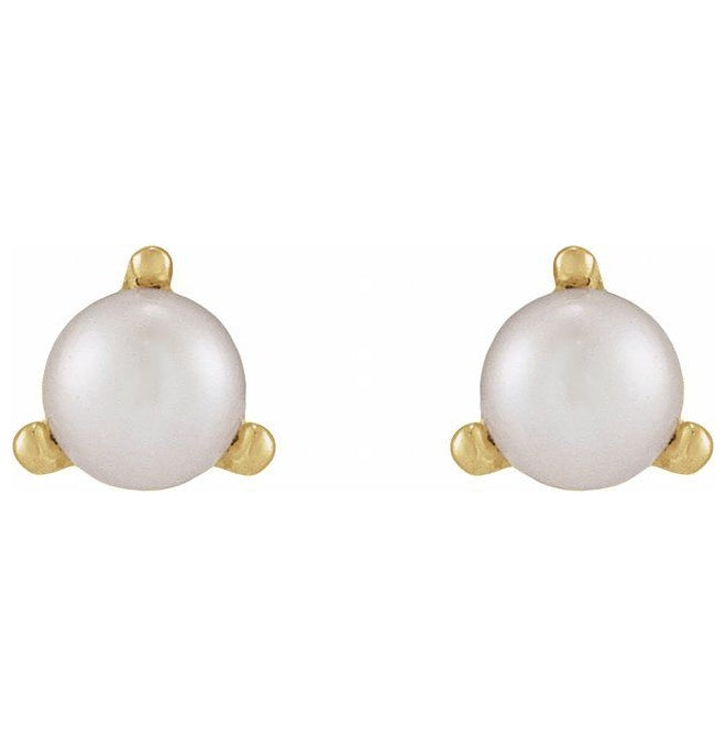 14K Yellow Gold Each Tension Back Polished Cultured White Seed Pearl 3-Prong Earring