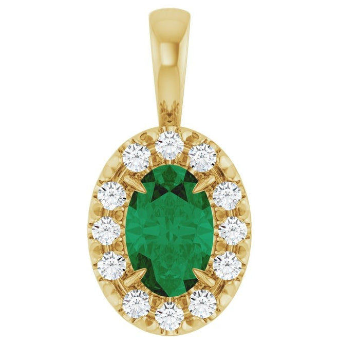 14K Yellow Gold Oval 6 X 4Mm I1, G-H Polished Natural Emerald And 1/10 Ctw Natural Diamond French-Set Halo-Style Pendant