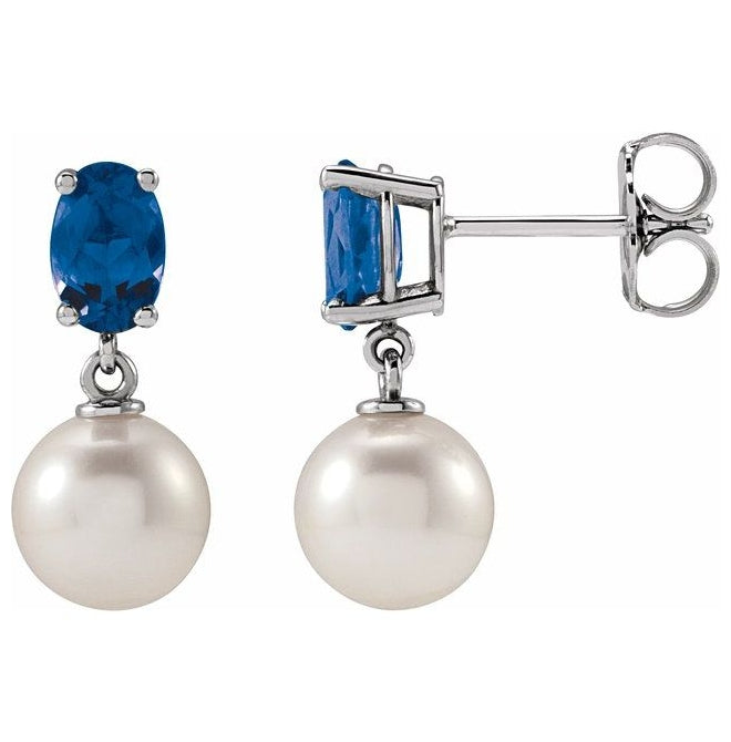 14K Yellow Or White Gold 7 Mm Oval 6X4 Mm Pair Friction Backs Polished Cultured White Akoya Pearl And Natural Gem Earrings